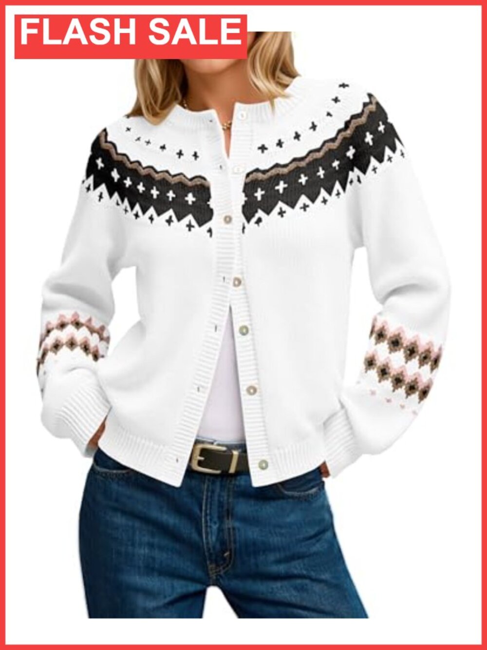 Fair Isle Button Up Long Sleeve Cardigan Knit Sweater Coat